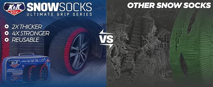 K&K Automotive Snow Socks for Tires - Pro Series for Ultimate Grip Alternative for Tire Snow Chain - Snow Traction Device for Passenger Cars SUVs Trucks Winter Emergency Accessory 2-piece (XX-Large)