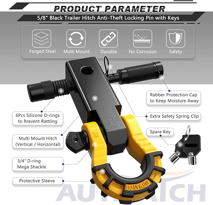 AUTMATCH Shackle Hitch Receiver 2" with 3/4" Mega D Ring Shackle and 5/8" Trailer Hitch Lock Pin, 68,000 Lbs Break Strength Heavy Duty Receiver Towing Kit for Off-Road Vehicle Recovery, Black & Yellow