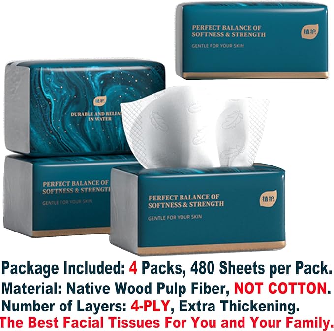 Small Soft Facial Tissue, Bag Cover, NOT In Box, Disposable Facial Napkin, Material Wood Pulp Fiber NOT COTTON, White Facial Paper Tissue, 4-Ply, 4 Packs, 480 Sheets per Pack