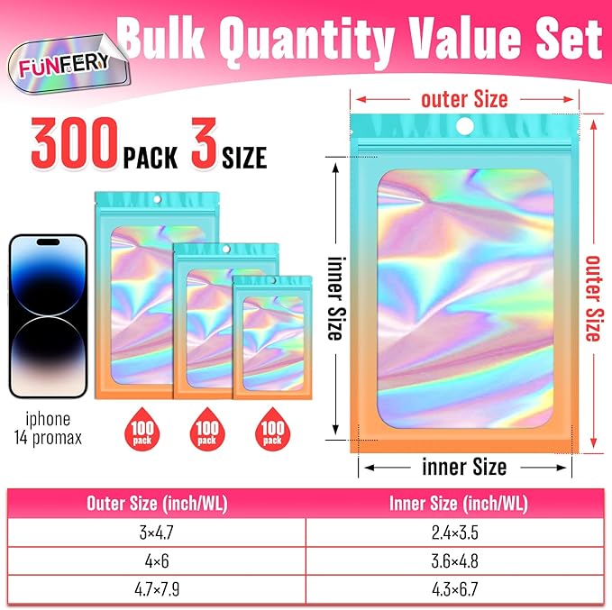 Funfery 300 Pack 3 Size Mylar Holographic Bags with Clear Window,Resealable Bag Smell Proof Foil Baggies Packaging Pouch for Food Storage,Sample,Small Business(Blue Orange,3x4.7,4x6,4.7x7.9in)
