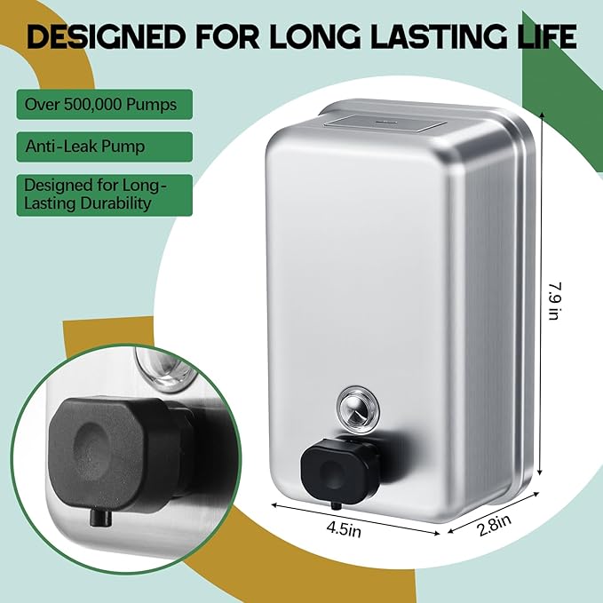 Maxdot 2 Pcs 37 OZ/1100 ML Commercial Stainless Steel Soap Dispenser Wall Mount with Manual Anti Leak Pump for Home Bathroom Accessories Kitchen