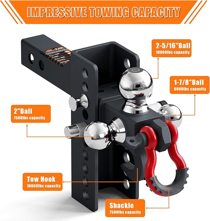 AC-DK Adjustable Heavy-Duty Trailer Hitch Tri-Ball Mount with Tow Hook & Swivel Shackle, Fits 2" Receiver, 4-1/2" Rise/Drop, Includes 1-7/8", 2", & 2-5/16" Balls, Secure Hitch with Locks & Pin