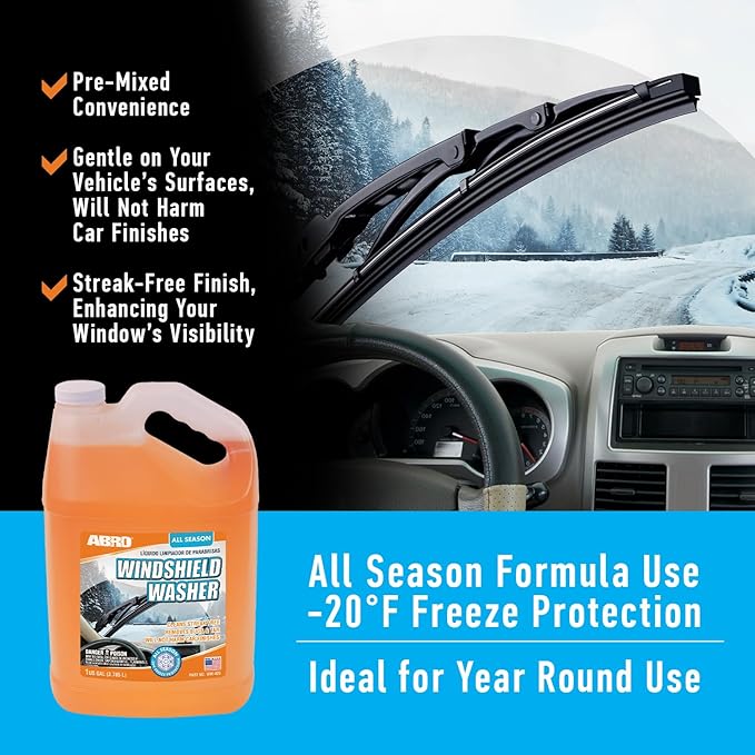 ABRO Car Windshield Washer Fluid: 1 Gallon, All Season/Weather Vehicle Window Cleaner | Streak-Free Clean | Bug and Tar Remover for Cars