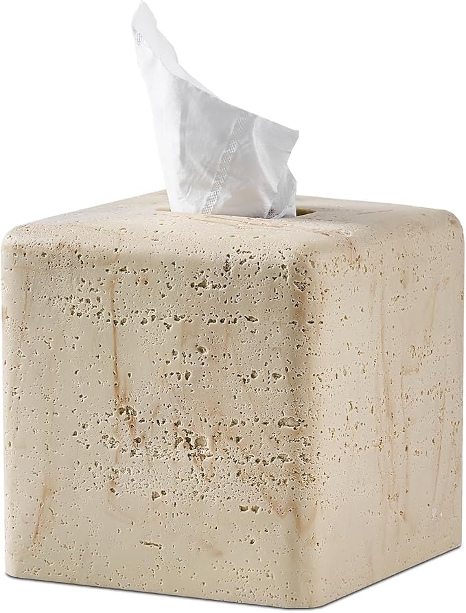 Natural Travertine Textures Tissue Box Cover Square for Home Decor,Resin Heavy Tissue Box Holder for Bathroom Countertop,Tabletop,Bedside Table,Office (Handmade of Resin)