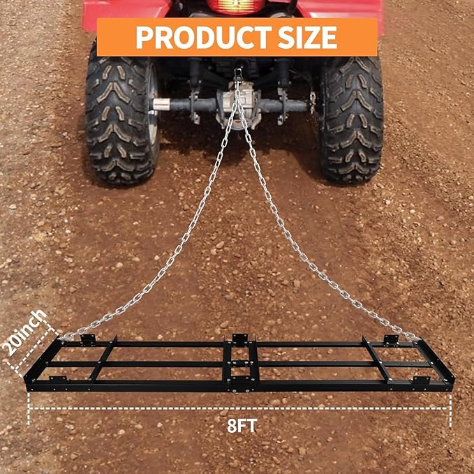 8FT Drag Harrow Driveway Grader, Heavy Duty Power Rake, Driveway Drag for Gravel W/ 6 FT Chain, Tow Behind Lawn Rake for ATV, UTV, Tractor, Mower, Land Leveler for Gravel, Sand, Soil, Hay