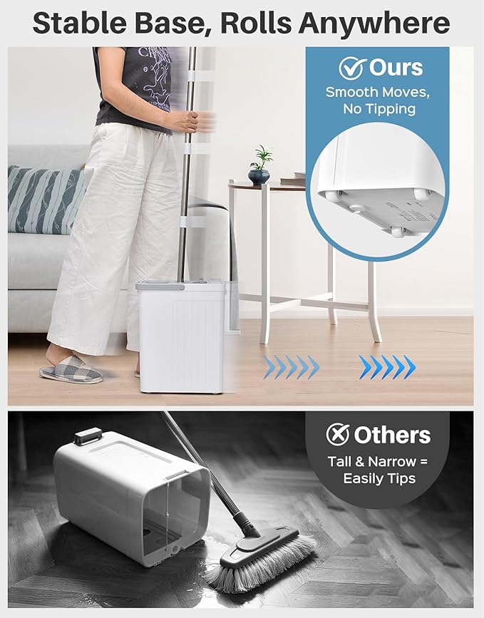 Mop and Bucket Set with AUTO Pump, 3-Zone Separate Dirty and Clean Water, Flat Mop and Bucket System with Wringer and Wheels, 4 Reusable Microfiber Pads, One-Touch Water Filling for Home Cleaning