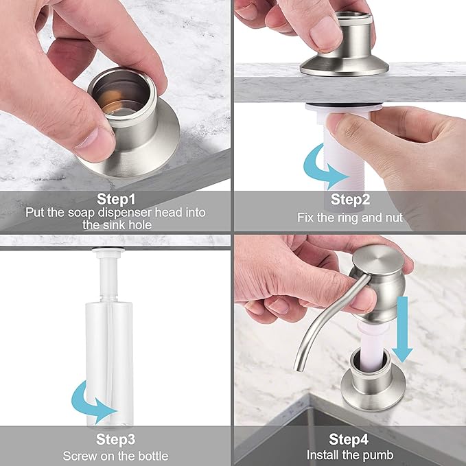 Samodra Kitchen Sink Soap/Lotion Dispenser, Brass Pump Head Brushed Nickel 12 OZ Bottle Built in Design Refill from The Top for Granite Thick Deck Installs
