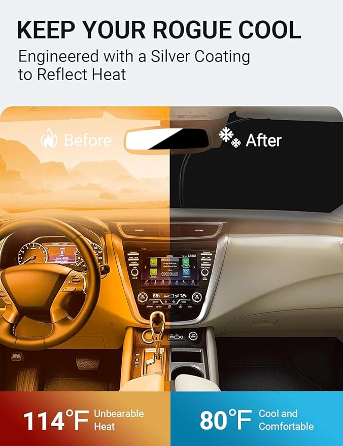 Proadsy 2025 Upgrade Windshield Sun Shade Custom Fit Nissan Rogue 2014-2020 4-Layer Foldable Front Sunshade Protector Sun Visor Blocks UV Rays Keep Car Cooler Accessories
