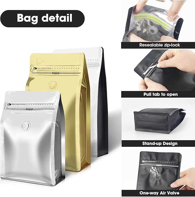 Coffee Bags with Valve(60pcs,16 oz,1 lb) Vented Coffee Beans Packaging Bags High Barrier Aluminumed Foil Flat Bottom Heat Sealed Side Zipper Resealable Storage Bag for Home or Business（White+Gray）