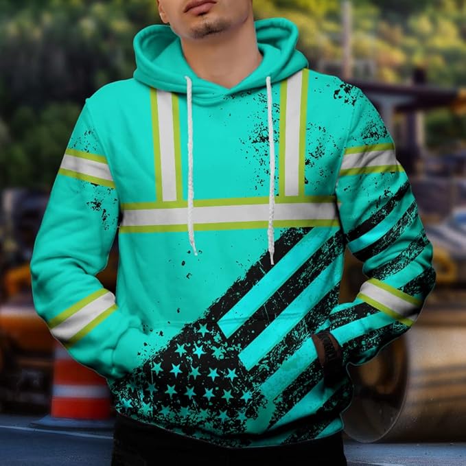 Color US Flag High Visibility Hoodie for Men Women Reflective Tapes Safety Workwear for Worker Runner Patriotic