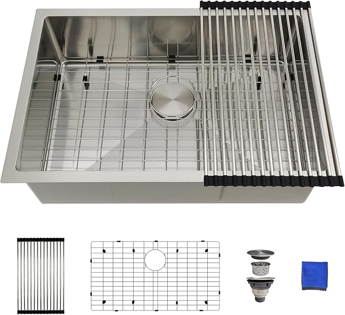 27 Inch Undermount Kitchen Sink - Delironexu 16 Gauge Stainless Steel Sinks, 27''x18'' Single Bowl Kitchen Sinks, Undermount Sink with 4 Accessories