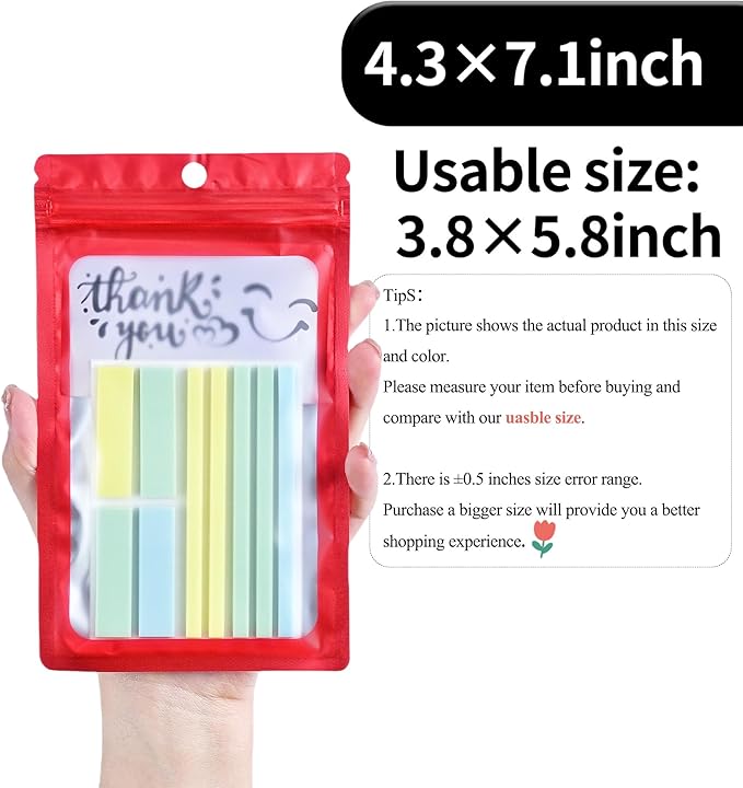 100 Pack Resealable Plastic Bags for Food Storage, Zipper Bags with Clear Front Window, Packaging Pouch for Small Business (Red, 4.3x7.1 inch)