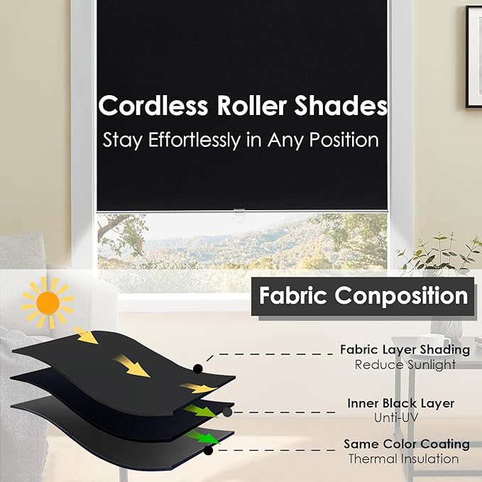 Cordless 100% Blackout Roller Shades for Windows,UV Protection Pull Down Shades,Room Darkening Door Blinds Thermal Insulated Fabric for Home Office and Bedroom(30" W x 72" H,Black)