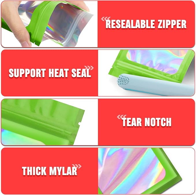 Funfery 300 Pack 3 Size Mylar Holographic Bags with Clear Window,Resealable Bag Smell Proof Foil Baggies Packaging Pouch for Food Storage,Sample,Small Business(Green,3x4.7,4x6,4.7x7.9in)