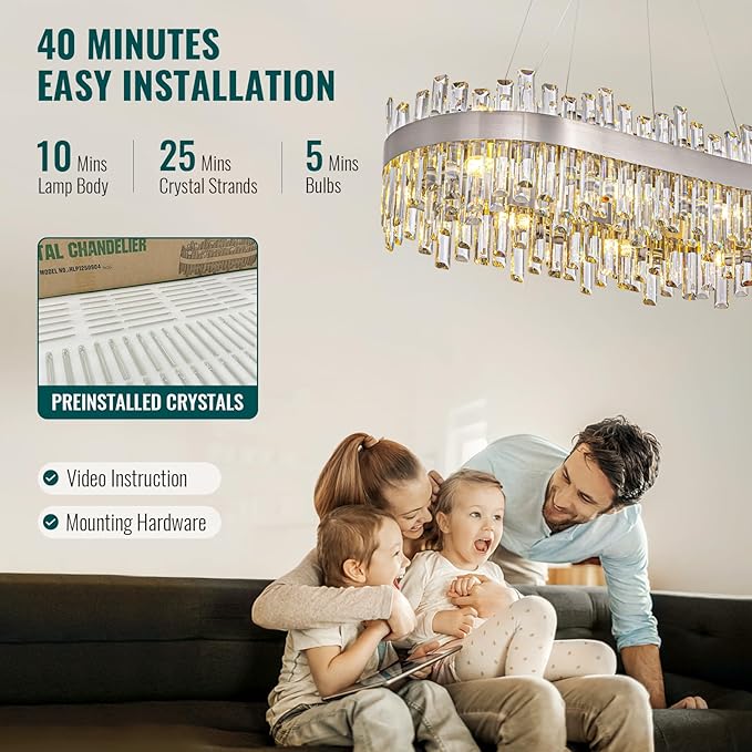 Siljoy Rectangular Crystal Chandelier for Dining Room, 16 Lights Modern Chrome 2-Tiers K9 Crystal Raindrop Chandelier Oval Dimmable Pendant Ceiling Light for Kitchen Island Bar L35.4 Inch