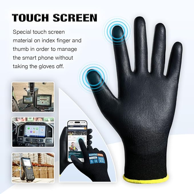KAYGO Safety Work Gloves PU Coated for Men and Women- KG11P,12 Pairs,Seamless Knit Glove with Two Fingers Touchscreen,Ideal for General Duty Work (Green,L)