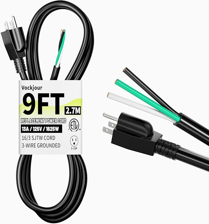 9 ft 16/3 Appliance and Power Tool Cord, 16 AWG 3 Prong Black Heavy Duty Replacement Power Cord with Open End, NEMA 5-15P, 125V AC Pigtail, 13A 1625W, ETL Listed