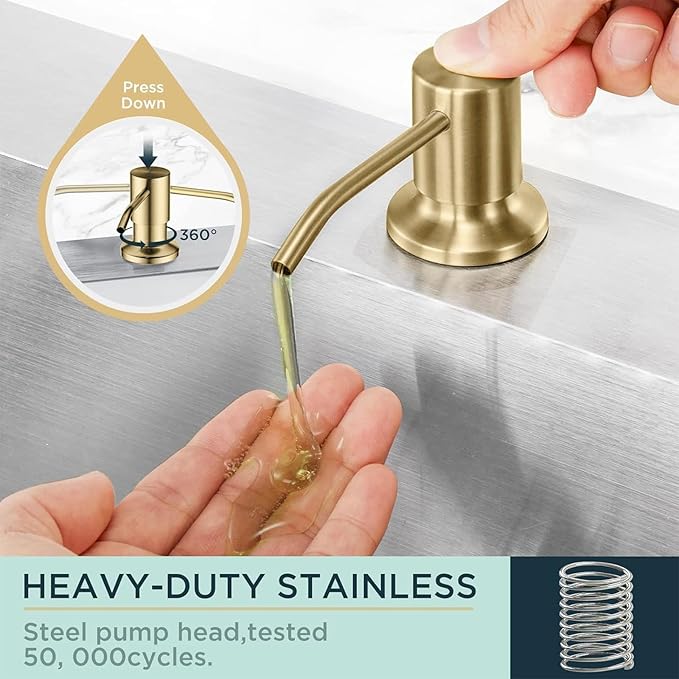 FORIOUS Brushed Gold Soap Dispenser for Kitchen Sink with 500ML/18OZ Bottle, Lotion Dispenser Built in Refill from The Top for Countertop Sink