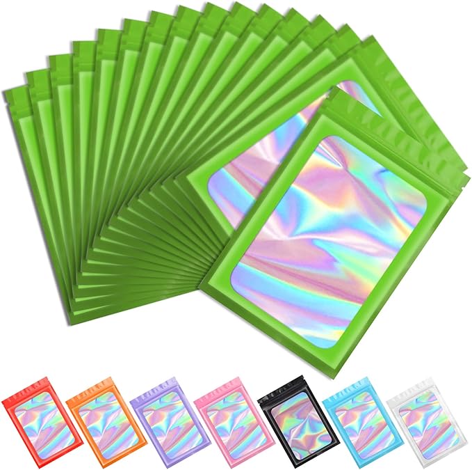 Funfery 100 pcs Green Smell Proof Mylar Holographic Bags - Clear Window Sealing Resealable Odor Proof Bag with Zipper for Food Storage,Gloss, Lash, Jewelry Packing,Small Buisness(6.3x9.4In)
