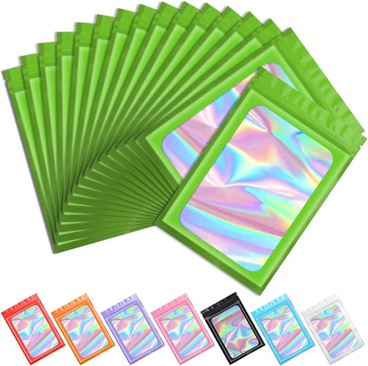 Funfery 100 pcs Green Smell Proof Mylar Holographic Bags Packaging Bags,Clear Resealable Odor Proof Bag Foil Pouch Bag for Food Storage,Lipgloss,Jewelry,Eyelash Packaging for Small Business(4x6In)