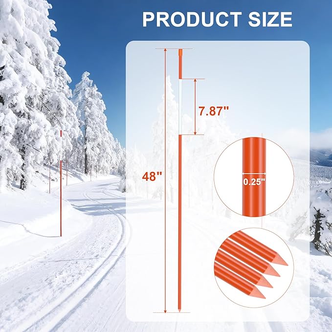 100PCS 48" X 0.25" Driveway Markers, 1/4 Inch Dia Reflective Driveway Poles, Orange Fiberglass Snow Stakes with Reflective Tape for Parking Lots, Walkways