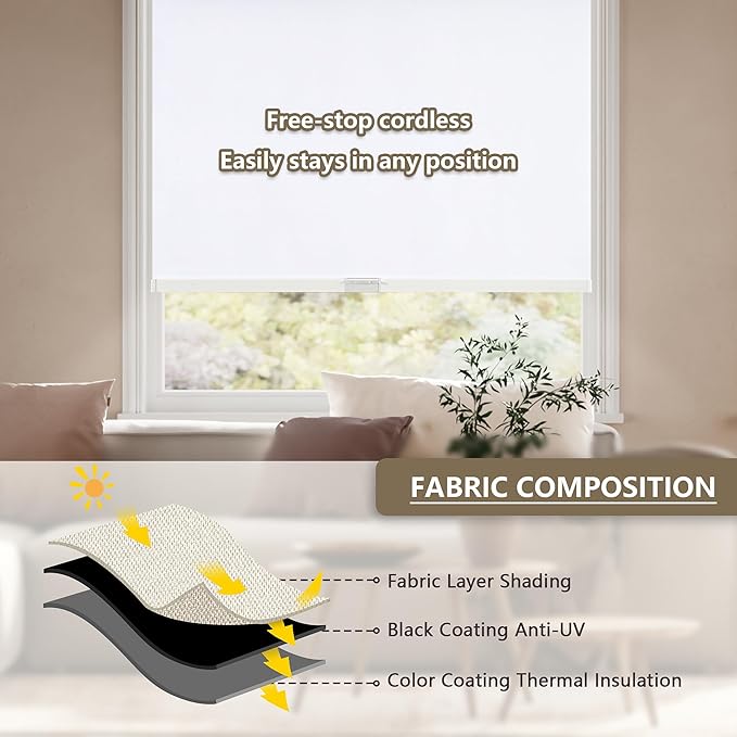 Cordless Blackout Roller Shades Blinds for Windows Free-Stop,Pull Down Room Darkening with Valance,Thermal Insulated Woven Fabric Window Door Blinds for Home,Office,White 33" W x 72" L