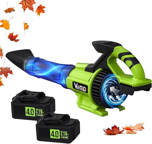 Vinid Leaf Blower Cordless, 21V Powerful Brushless Electric Leaf Cleaner, 630 CFM, with 2×4.0Ah Lightweight Batteries and Charger, 3 Speed Modes, Suitable for Lawn Care, Garden and Patio Cleaning