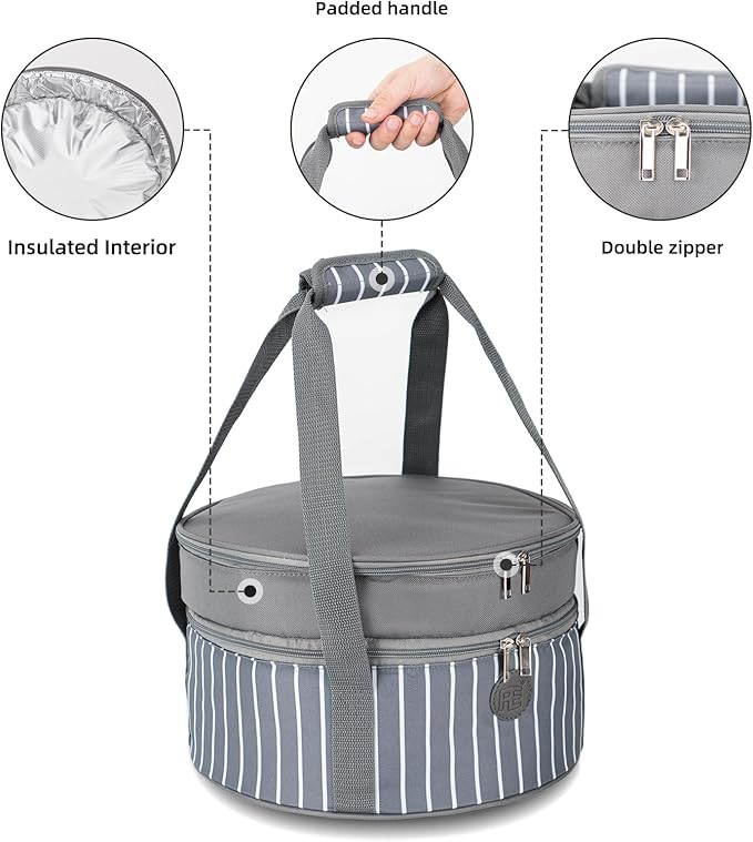 Fun Elements Insulated Casserole Carrier for Hot or Cold Food, 12.5 Inch Pie Carrier with Lid and Handle, Round Food Container for Transport, Grey