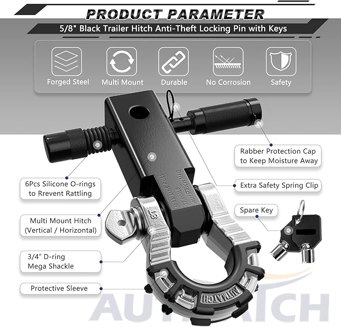AUTMATCH Shackle Hitch Receiver 2" with 3/4" Mega D Ring Shackle and 5/8" Trailer Hitch Lock Pin, 68,000 Lbs Break Strength Heavy Duty Receiver Towing Kit for Off-Road Vehicle Recovery, Black & Silver