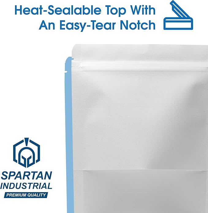 Spartan Industrial - 7" X 10" White Stand-Up Pouch Bags - Pack of 100 Large Smell-Proof Storage Bags for Bulk Food Packaging, Homemade Treats, Bath Products, and More