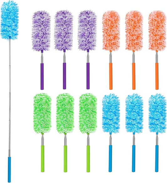 MAVRIZ 12 pcs Microfiber Feather Duster with Extendable Pole, Washable & Reusable Duster for Cleaning Dusters for Blinds, Electronics, and Furniture