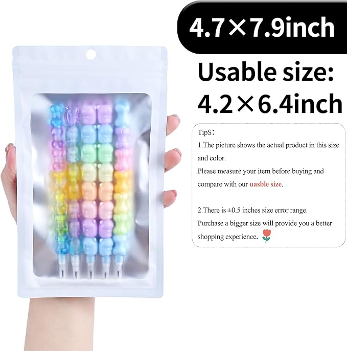 100 Pack Resealable Plastic Bags for Food Storage, Zipper Bags with Clear Front Window, Packaging Pouch for Small Business (White, 4.7x7.9 inch)