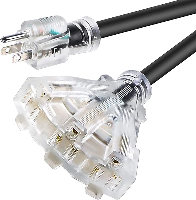 6 FT 12/3 Extension Cord Heavy Duty Black 3-Outlet Indoor/Outdoor SJTW Lighted 12-Gauge Grounded Power Cable,12AWG 15 Amp, 1875 Watts，UL Listed，Safety