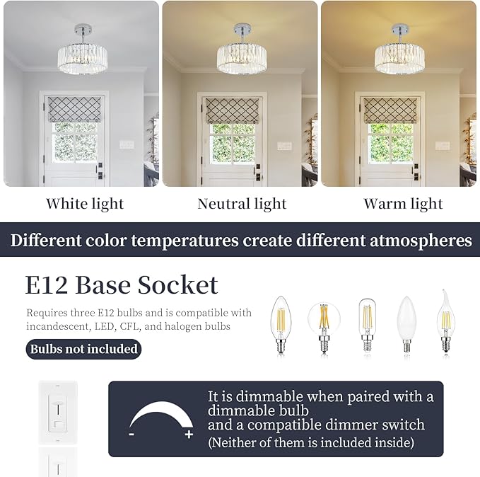 3-Light Modern Crystal Chandelier for Dining Room,Small Gold Semi Flush Mount Ceiling Light Fixtures,12'' Round Kitchen Hallway Pendant Lighting Fixture, for Entryway Foyer Laundry Room