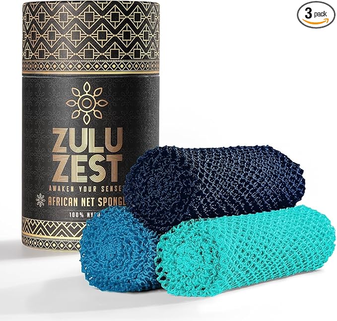 African Net Sponge Authentic 3 Pack, Body Scrubber Exfoliating Bath Sponge for Face and Body, Quick Drying Mesh Body Scrub for All Skin Types, Durable and Travel Friendly (Dark Blue, Blue, Turquoise)