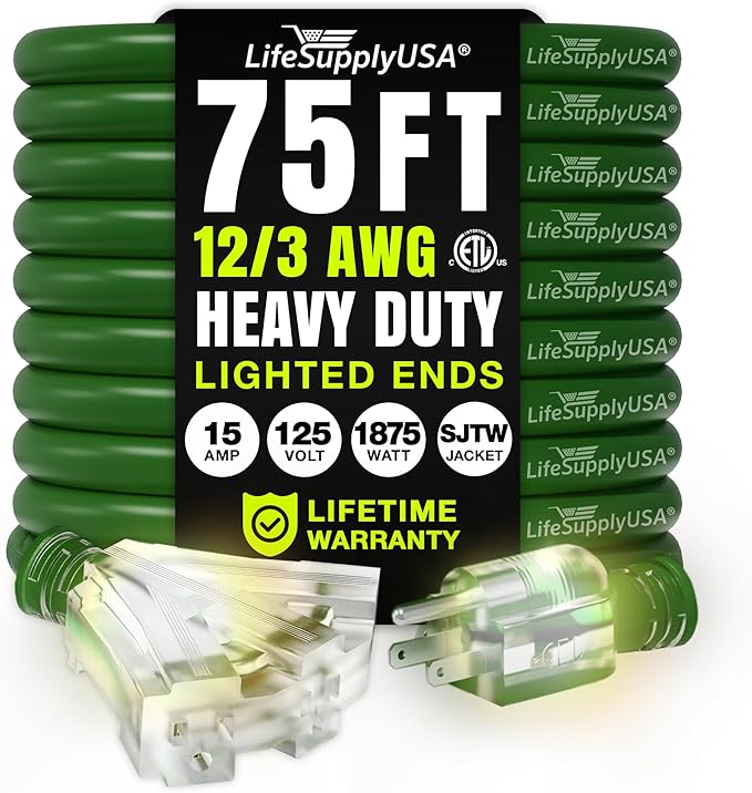 75ft Outdoor/Indoor Extension Cord 3-Outlet 12/3 Gauge Extra Heavy Duty ETL Listed, 3 Prong SJTW, Waterproof, Flexible Cold-Resistant Long Power Cord,15A 125V 1875W, Green by LifeSupplyUSA
