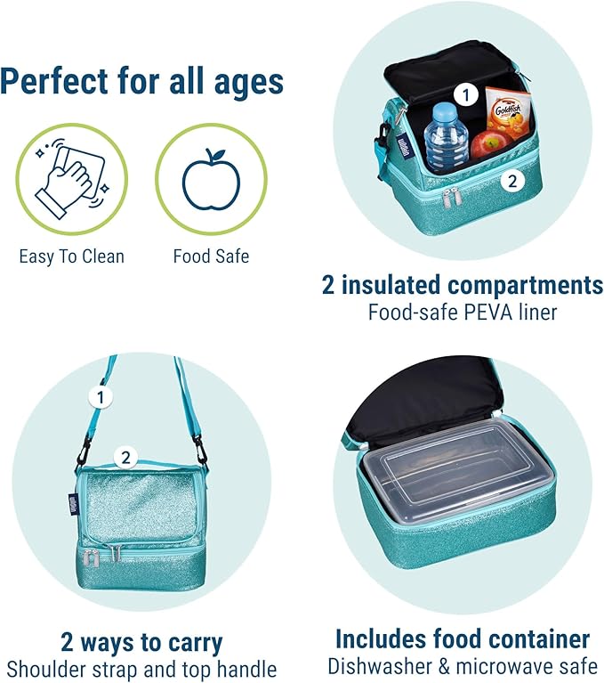 Wildkin Two Compartment Insulated Lunch Bag for Kids – School & Travel Ready - Blue Glitter