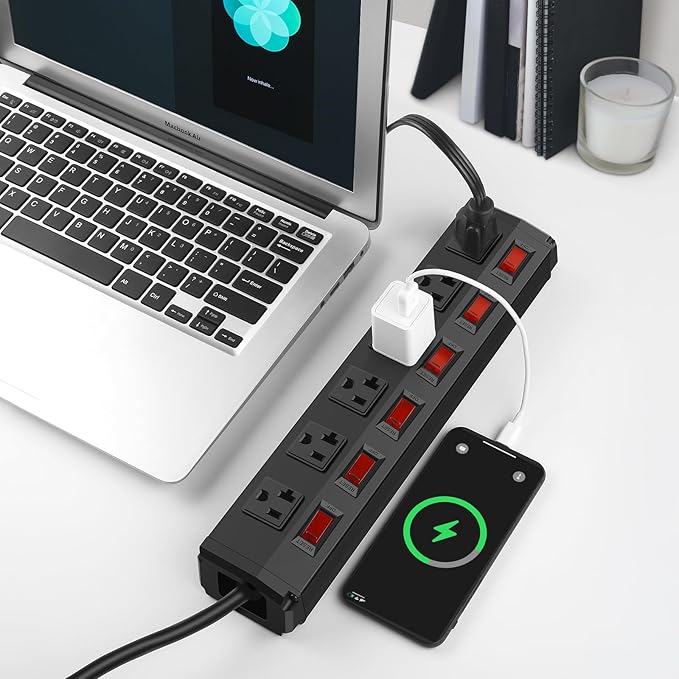 CCCEI Metal Power Strip Individual Switches 6 Outlets, Heavy Duty Power Strip 20Amp Surge Protector for Appliances, 10FT Extension Cord Strip, 1200J Surge Protector 20A 125V 2500W.