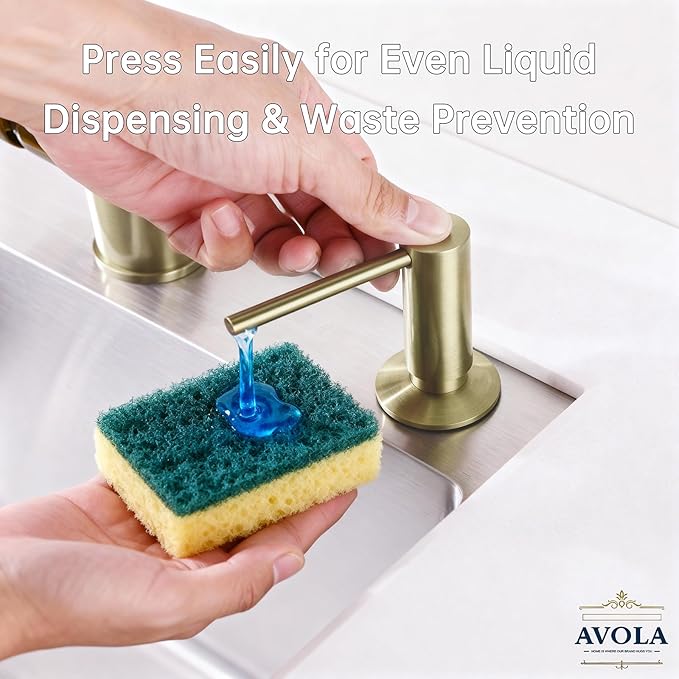 Avola Brushed Gold Kitchen Sink Soap Dispenser or Lotion Dispenser for Kitchen Sink, Brass Countertop Pump Dispenser with 47" Extension Tube Kit&17 OZ PET Bottle, Spot Free Gold Soap Dispensers