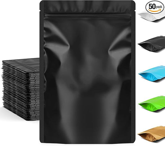 FUNFERY 5.5x7.8 inch Stand Up Mylar Resealable Bags for Food Storage,Smell Proof Foil Pouch,Food Packaging Sealable Bags,Mylar Zipper Bag for Jerky,Candy,Cereal,Coffee, Cards,Black,50 Pack