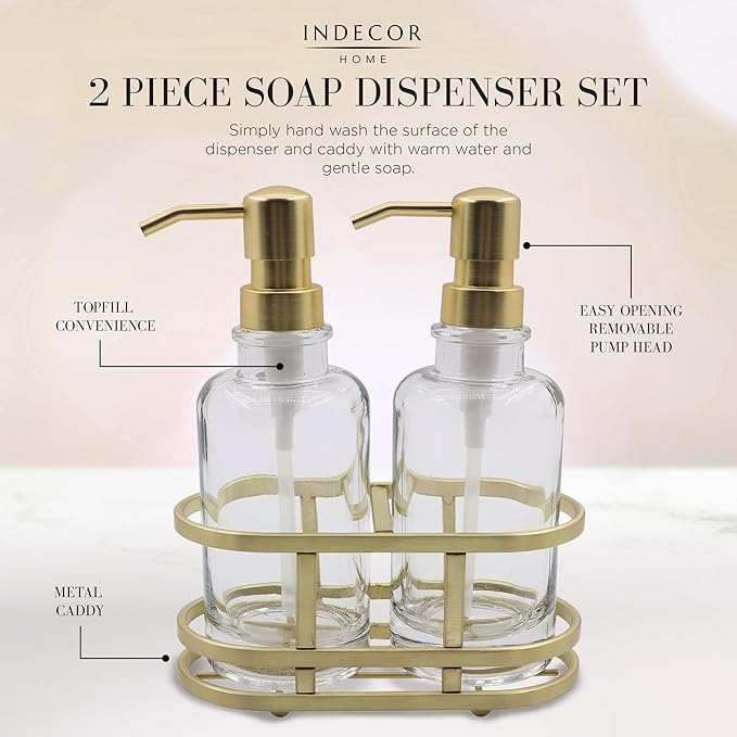 3 Piece Round Heavy Weight Glass Soap Lotion Pump Dispenser Set with Metal Caddy for Home Bath Kitchen Travel Office Hand Crafted Metal Tray Brushed Gold