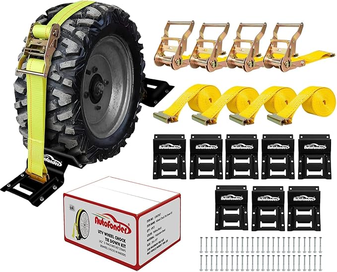 Vehicle Wheel Chock Tie Down kit 4500lb Break Strength-4 Pack 2" x9' E Track Straps-Ultimate Heavy Duty Trailer Tire Strap System for ATV,UTV,Lawn Mower