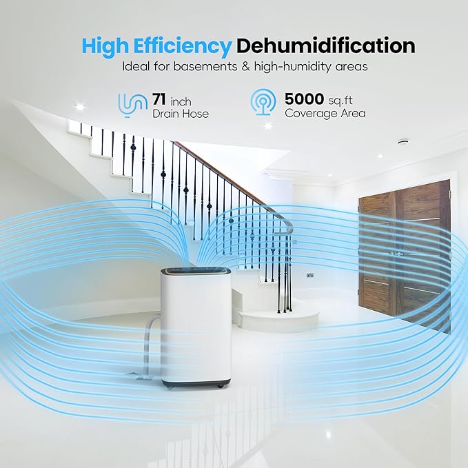 5000 Sq.Ft Dehumidifier, 50PT/24H Dehumidifiers with Drain Hose for Basement, Large Compressor Dehumidifier for Basement/Laundry/Bedroom/Office, Dehu/Dry/Air Mode, Humidity Display/Timer/Child Lock