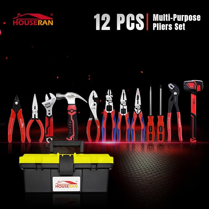 12-Piece Household Hand Tool Set with Toolbox – Heavy Duty CRV Pliers, Adjustable Wrench, Rubber Mallet & Claw Hammer for Home, Garage, Automotive & DIY Projects