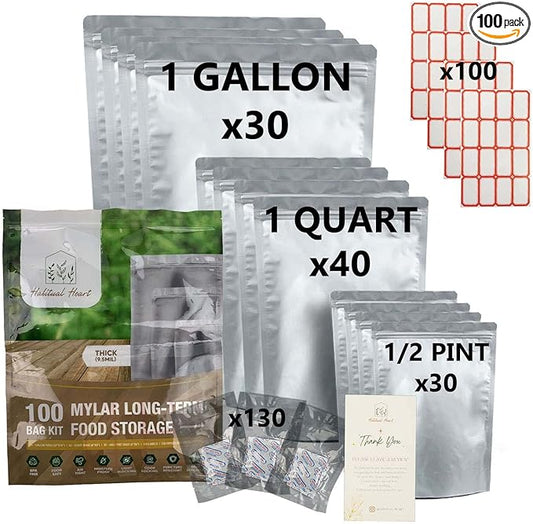 Mylar Bags for Food Storage 100 Stand Up 9.5mil Thick 130 Oxygen Absorbers 300cc Airtight Packaging for Emergency Food Supply Heat Sealable Zipper Resealable 1 Gallon Quart 1/2 Pint