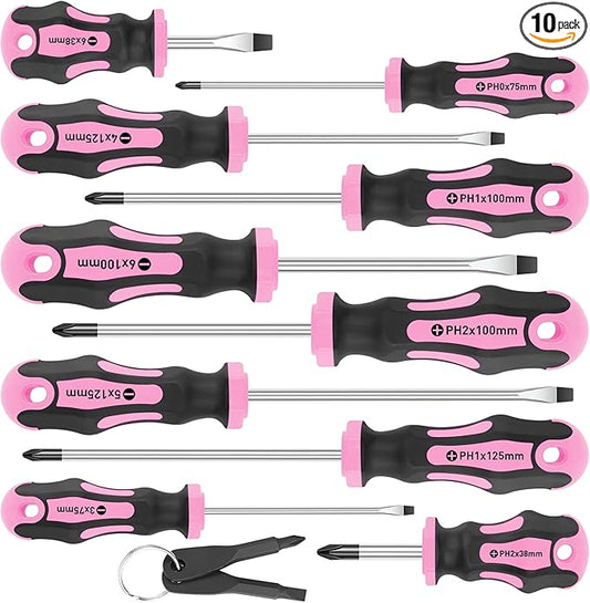 Amartisan 10-Piece Magnetic Screwdrivers Set, 5 Phillips and 5 Slotted Tips Professional Cushion Grip Screwdriver Set 2pcs Portable Multifunction Key Mini Screwdriver (Pink)