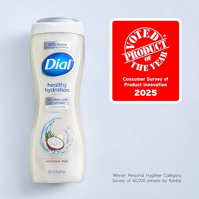 Dial Body Wash, Healthy Hydration, Coconut Milk + Vitamin E, 16 fl oz (Pack of 4), Gentle, Leaves Skin Feeling Soft In 1 Shower, Dermatologist-Tested, No Parabens & Silicones