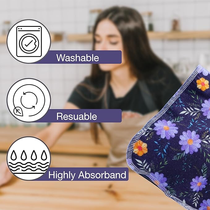 Pack of 10 Reusable Paper Towels | 10x10 Inch Cotton Towels | Kitchen Utensils Print | Eco Friendly, Washable, Quick Drying | Sustainable Cleaning Cloths | Floral Dark