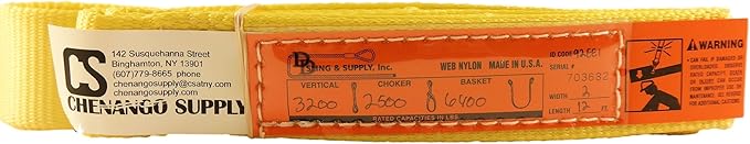 DD Sling. Multiple Lengths! (100% USA Made), 1-PLY, 2" Wide Nylon Lifting Web Sling. 3,200lbs Vertical, 2,500lbs Choke, 6,400lbs Basket, Eye & Eye, Heavy Duty (900 Webbing) (2"x12')