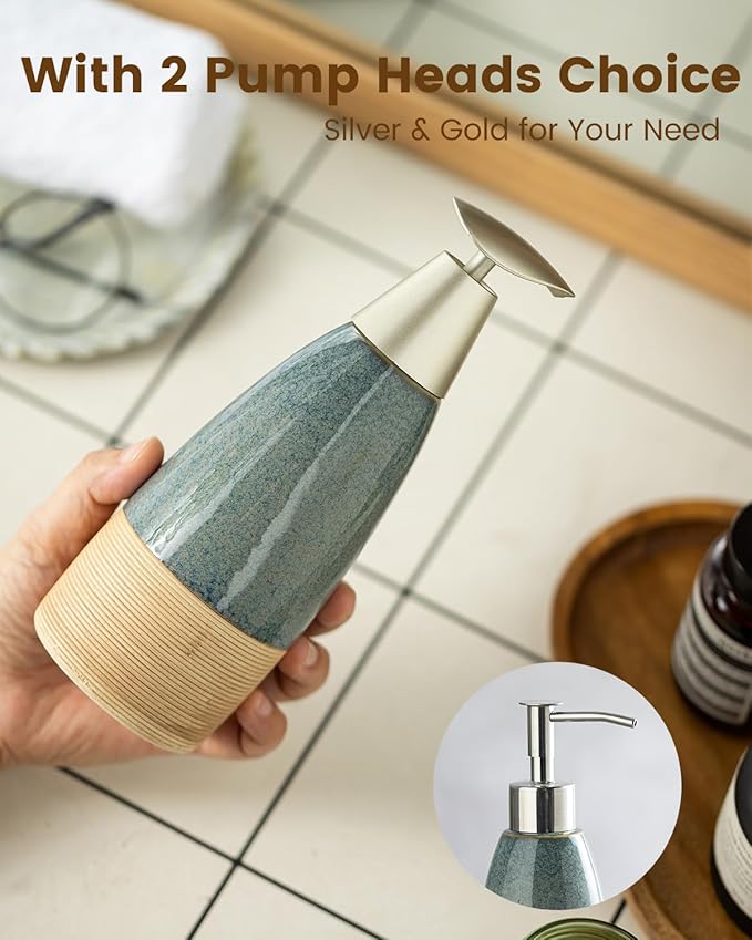 12 oz Dish Soap Dispenser with 2 Pumps, Ceramic Hand Soap Bottle for Shampoo, Body Wash, Lotion, Liquid Dispenser for Kitchen Countertop with Silicone Funnel, Blue